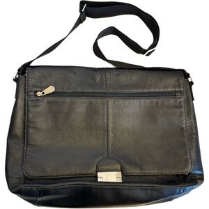 PERRY ELLIS PORTFOLIO Black Leather Briefcase Messenger Bag